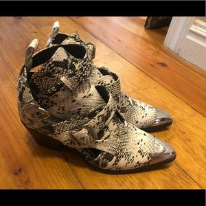 Snakeskin western ankle boots with silver capped toe, women size 10
